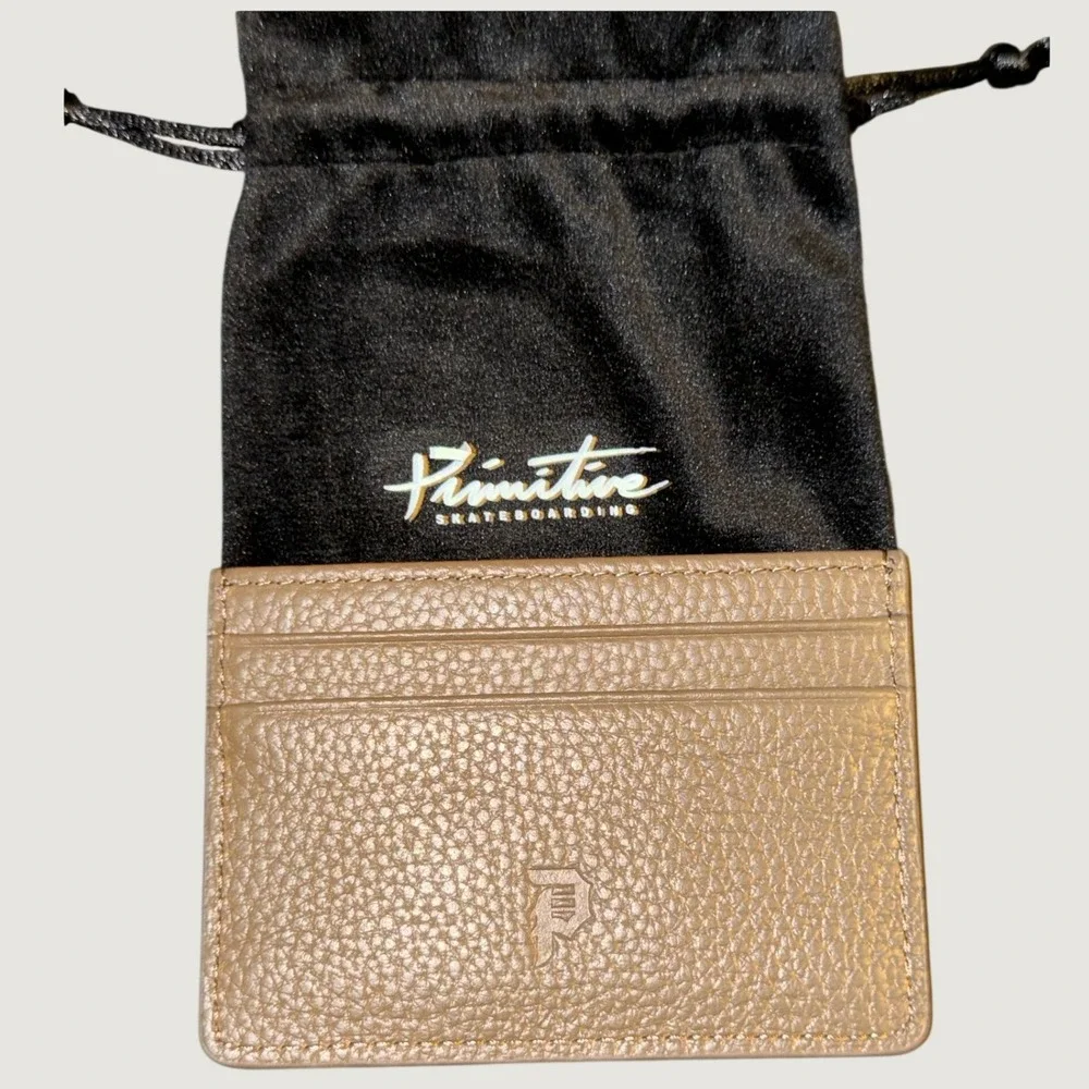 Primitive Skateboarding Tan Pebbled Leather Card Holder Wallet with Dust Bag